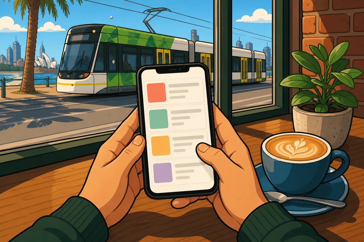 Hands holding a phone at an Australian cafe table before opening a listing
