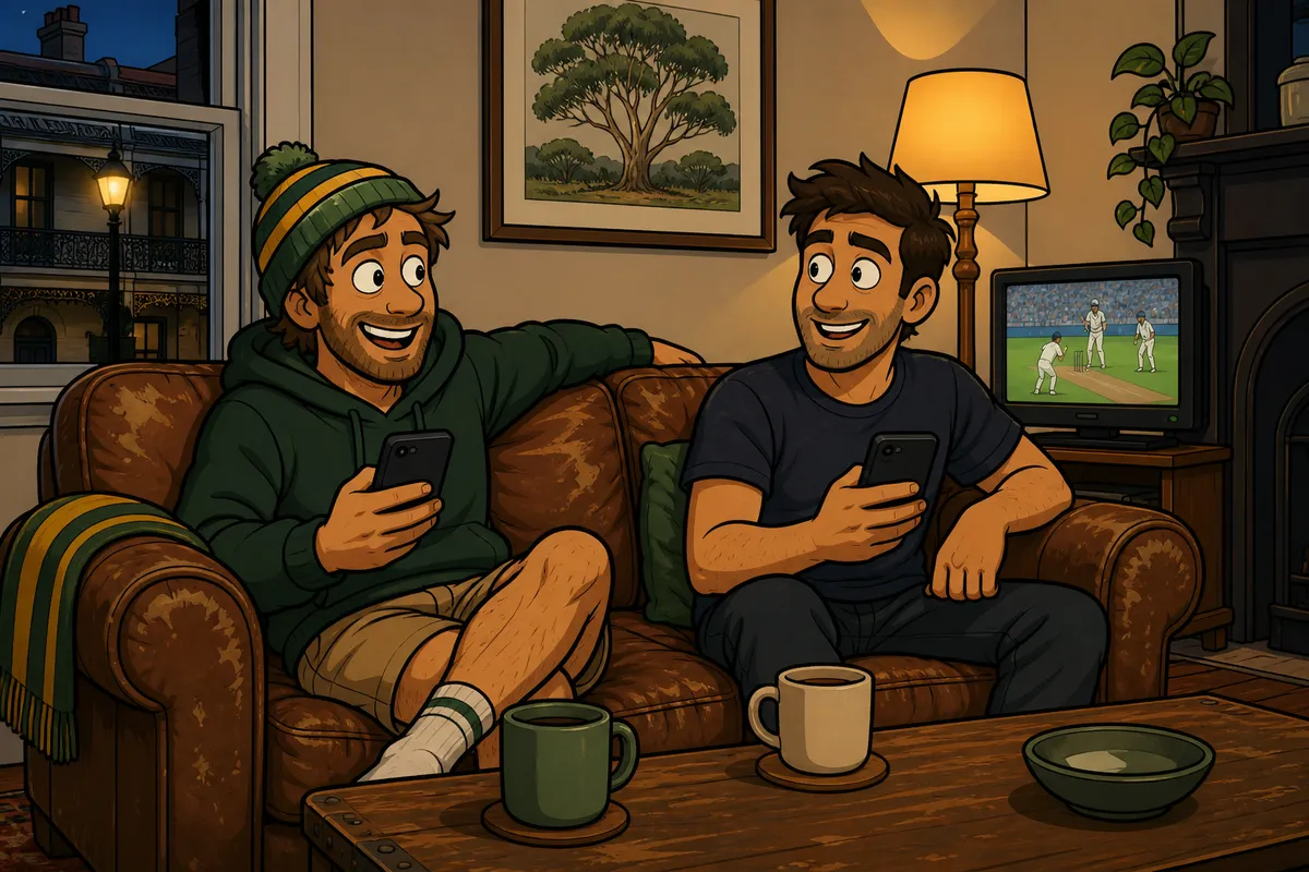 Two friends on a sofa in a Melbourne living room looking at their phones