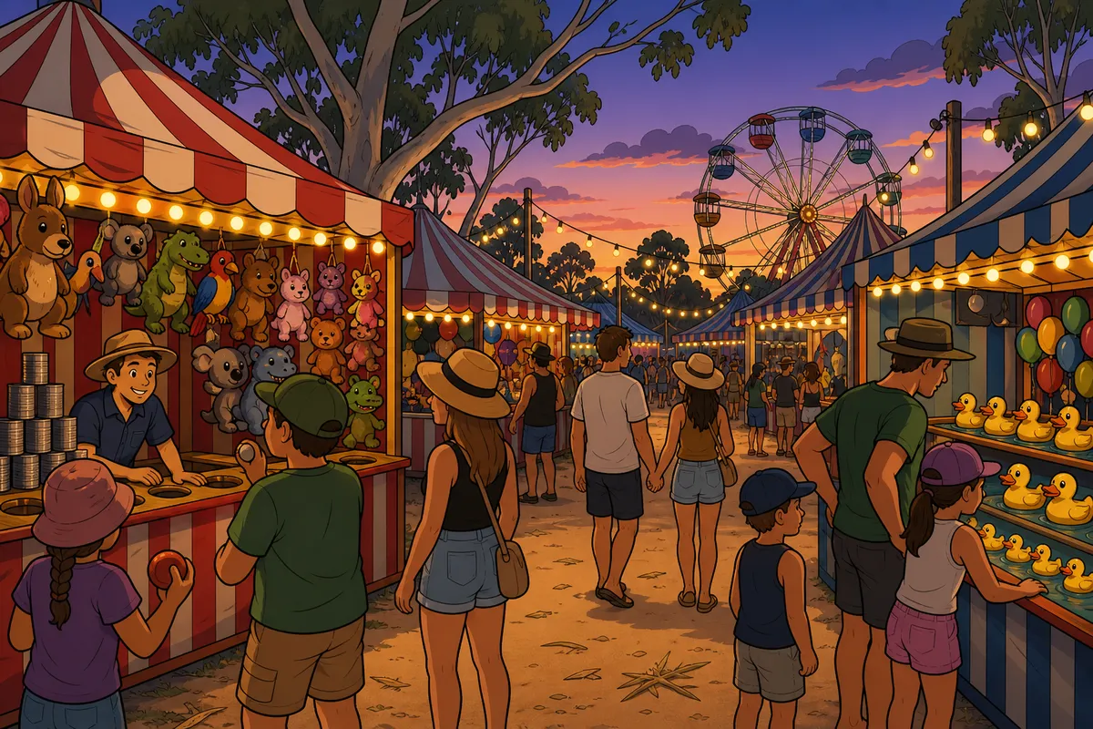 Cartoon Australian sideshow alley with striped booths and string lights